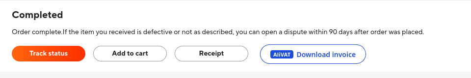 AliExpress order status row with the AliVAT 'Download invoice' button next to Track status, Add to cart and Receipt