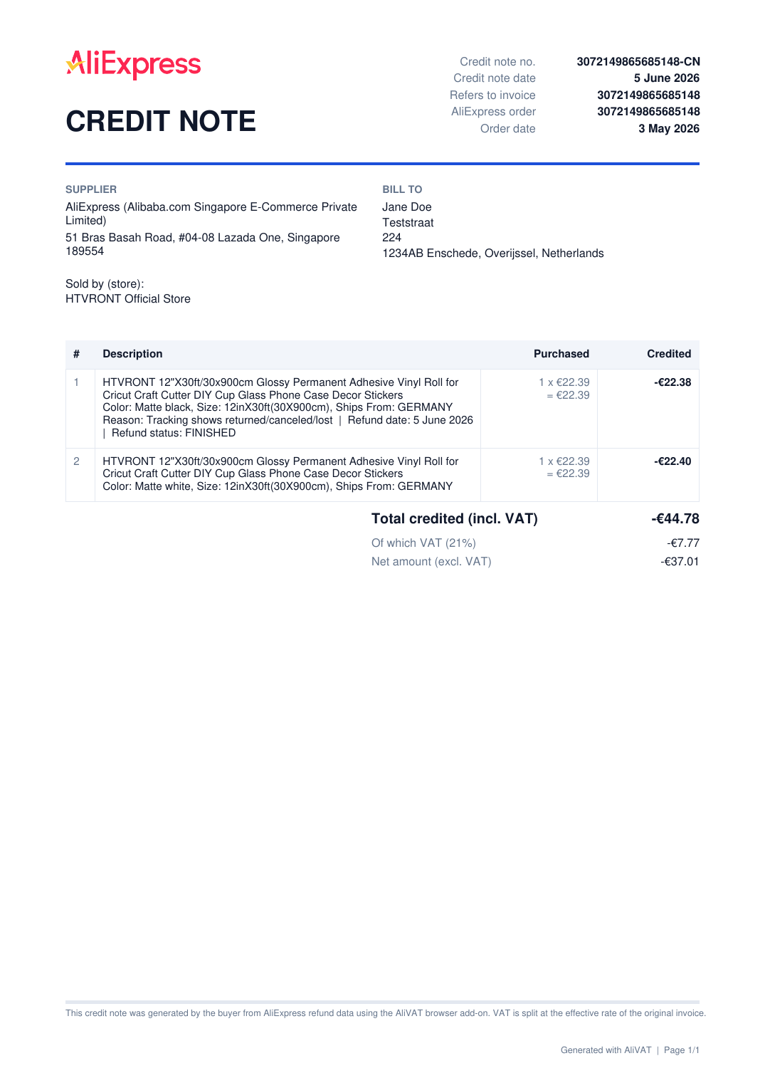 A generated AliVAT credit note for a refunded AliExpress order