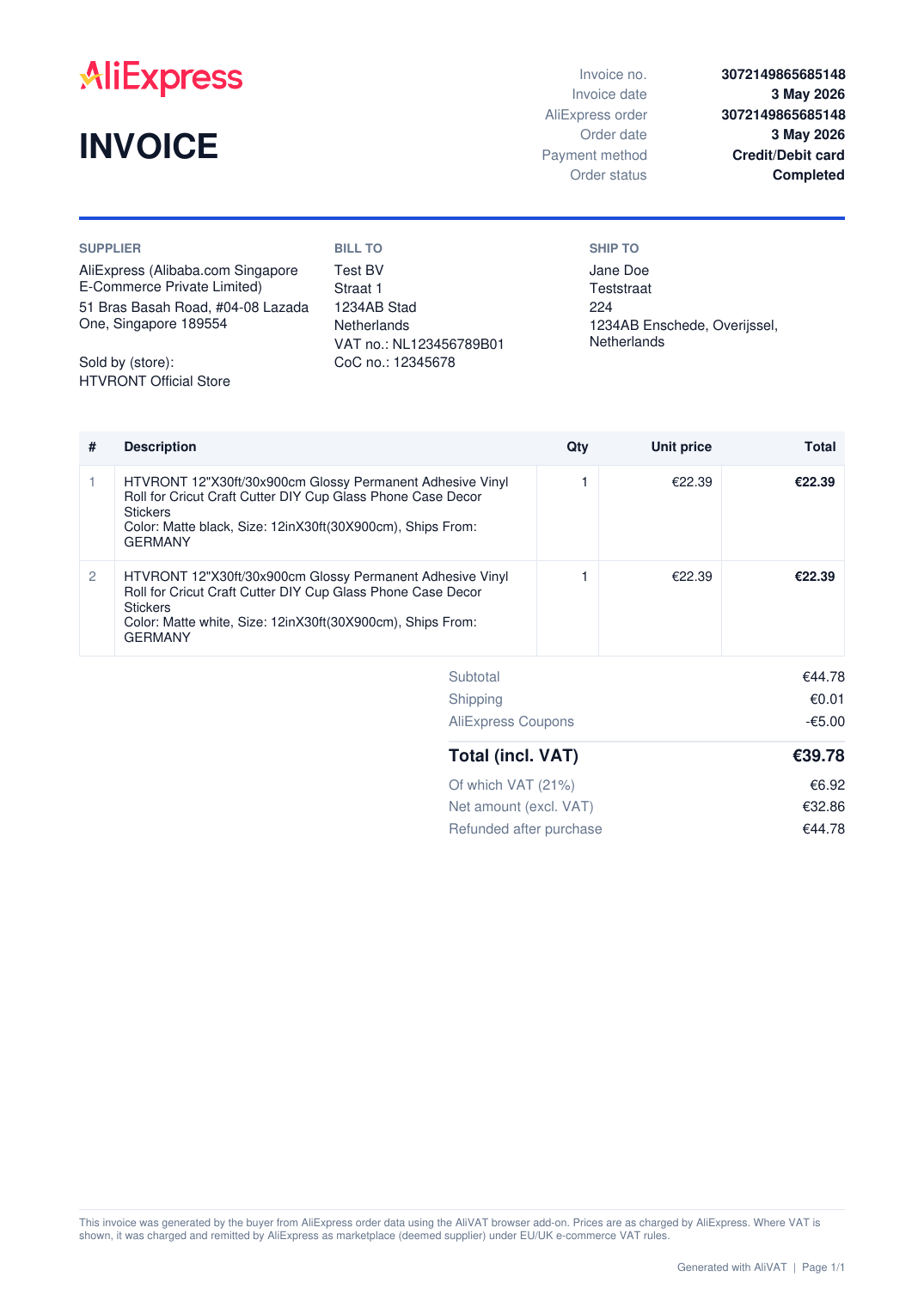 A generated AliVAT invoice for an AliExpress order